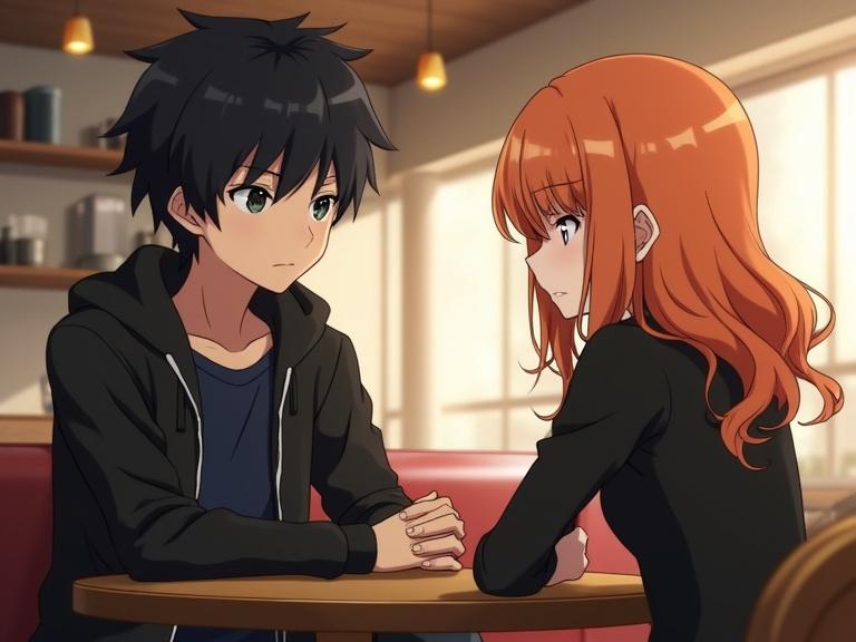 Inside a coffee shop, a young man with black messy hair, grey eyes wears a black jacket, dark-blue shirt, seated at a table. Looking towards a girl with orange hair, blonde highlights, wearing a black top. Both display tense body language. The scene lit by warm lights.
