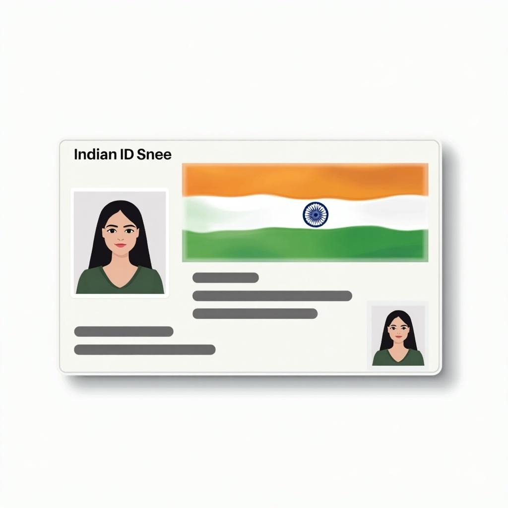 Image showcases realistic Indian ID card. Colors of Indian flag prominently displayed in green and orange. Card includes spaces for personal information. It features a unique identification number. Modern layout designed for clarity. Depicts official ID cards used in India effectively. Serves as illustrative reference for identification documents.