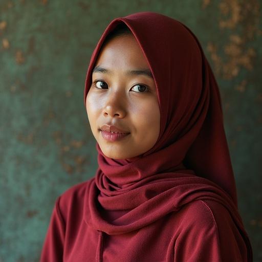 Portrait of an Indonesian young woman wearing Kemben in Burgundy color set against a rustic backdrop