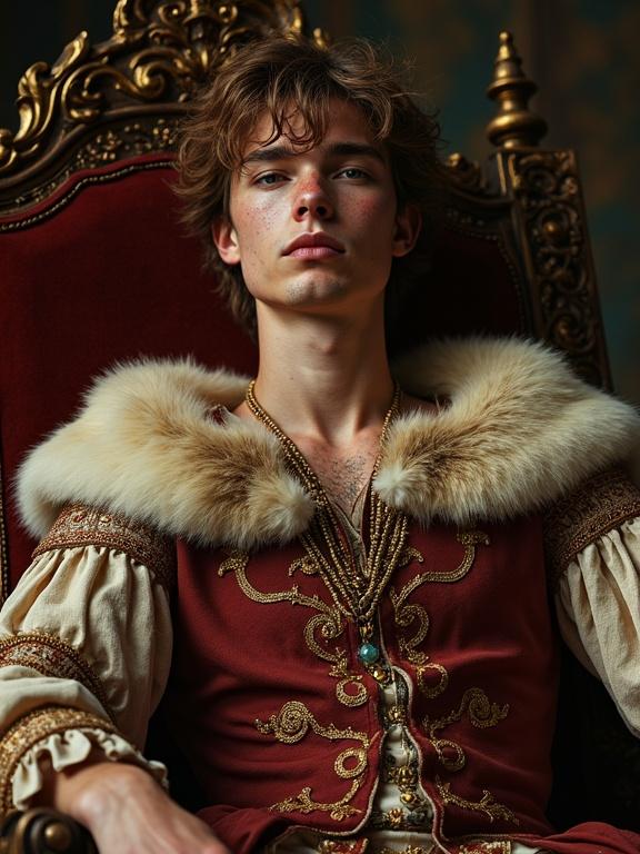 Young medieval nobleman sits on throne. Wearing royal garments. Has messy light brown hair and hazel eyes. Features include freckles. Captured realistically.