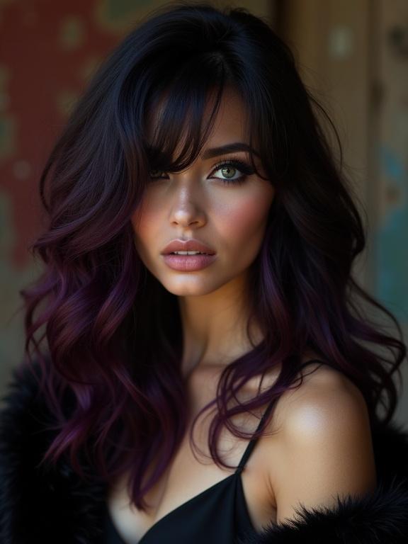 Close up portrait of an elegant rocker chick. Features voluminous black and plum hair with waves. Model wears a sleeveless black mini dress and a sleek fur-lined coat. Dark eyeshadow and eyeliner accentuate seductive eyelashes. Soft lighting enhances the atmosphere in a weathered room.