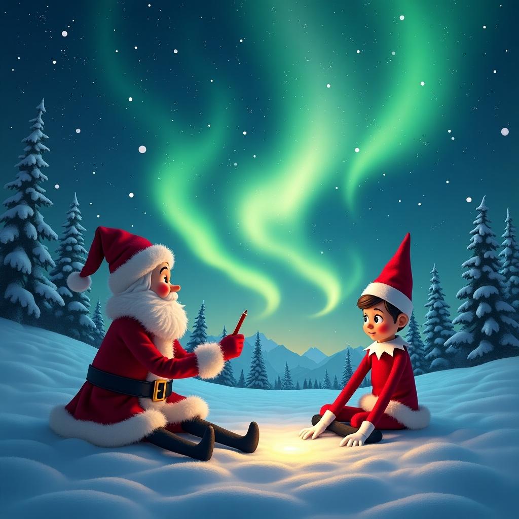 This image depicts Santa Claus and an elf from the popular 'Elf on the Shelf' tradition seated together in a snowy landscape. They are surrounded by a beautiful display of the northern lights illuminating the night sky. Santa is writing something while looking at the elf, who has an eager expression. The snowy ground reflects the soft colors of the aurora borealis, creating a magical atmosphere. The scene captures the spirit of Christmas and celebration, ideal for holiday-themed content.