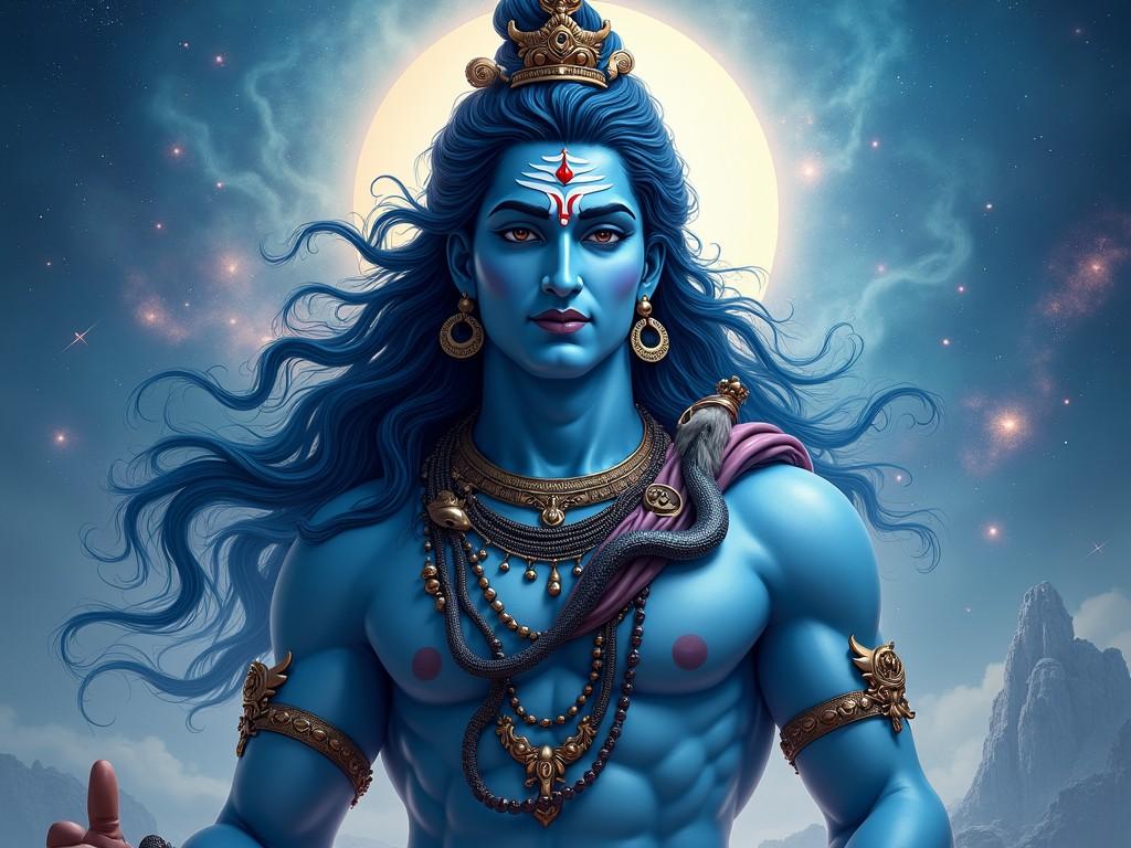 This illustration portrays a deity with blue skin, adorned with intricate jewelry and a snake draped around the neck. The figure exudes an aura of serene power, framed by flowing hair and set against a mystical cosmic background dominated by a full moon. The night sky is speckled with stars, enhancing the divine ambiance of the scene.