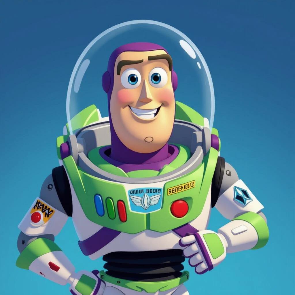 A colorful animated character in a space suit with a helmet. The character has a green and purple color scheme. It is iconic in children's entertainment and represents fantasy and adventure.