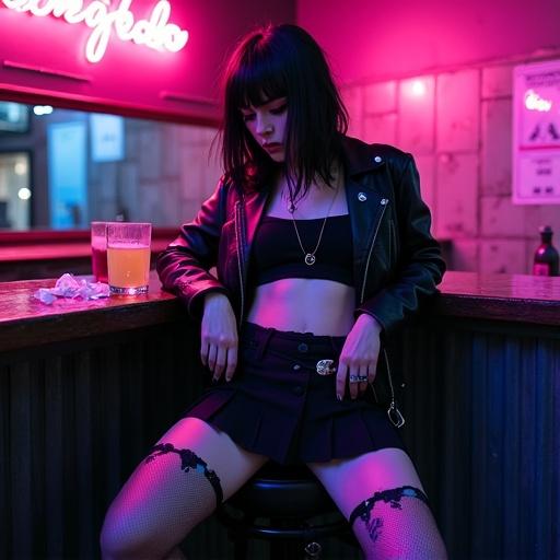 A goth woman in a bar with a glowing violet underlayer and leather jacket. She leans against a grimy bar counter holding a vodka shot. A heating pad rests on her abdomen. A satchel spills tampons beside her. The lighting is harsh with pink undertones.