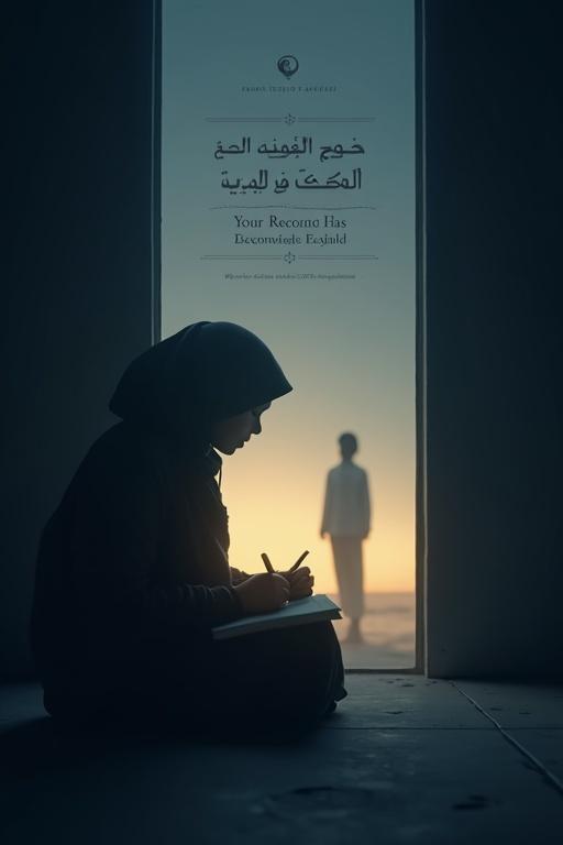 A contemplative podcast cover for an episode titled 'Because Your Record Has Not Yet Been Closed'. The mood is serene and introspective. Deep night blue and sky gray tones with a soft golden light. In the foreground, a hijabi girl is sitting peacefully, writing in a notebook. A faint silhouette of a departing figure represents a soul leaving peacefully in the background. Episode title in elegant Arabic calligraphy: 'لأن صحيفتك لم تُغلق بعد'. Podcast name included at the top or bottom: بودكاست مهجة حديثٌ من وإلى القلب.