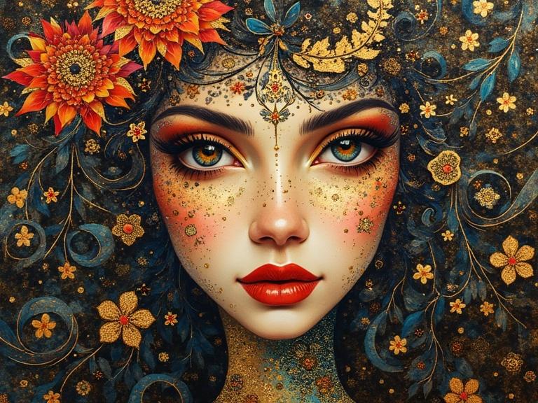Art inspired by Klimt. Silk texture with iridescence. Italian night theme. Symmetrical floral patterns. Watercolor and ink with imperial colors. Detailed golden foil elements. Art Deco style. Floral design predominates.