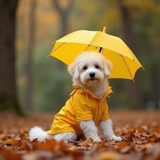 A fluffy white dog wears a yellow raincoat while sitting amidst fallen autumn leaves in a forest.