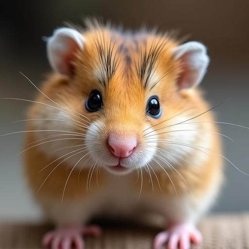 A hamster with distinctive hairy eyebrows. Close-up view of a cute small pet showcasing its unique features. Warm natural lighting highlights its colors and texture.