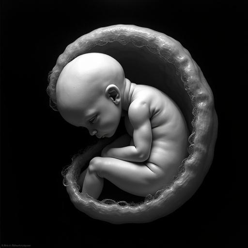 Alien fetus figure in diagonal position inside partly opened amniotic sac. Translucent membrane with visible veins surrounds the figure. Fluid is visible at the membrane's edge. The figure floats against a pure black background. Spotlight illumination highlights the pale skin. Image is a high contrast monochromatic representation of prenatal development. Displays painterly texture influenced by Romanticism and artists like Rembrandt and Turner.