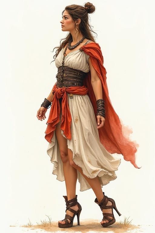 Watercolor painting of an ancient Roman woman dressed as an adventurer. She wears a flowing white dress with a red sash. High-heeled platform shoes elevate her appearance. Hair is styled in an elegant updo. The scene suggests movement.