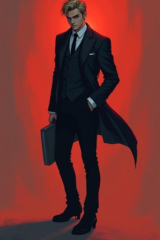 Stylish character design inspired by fictional themes. Male in sleek black suit holding briefcase. Confident stance against a vibrant red background. Sharp features with blonde hair and tailored outfit.