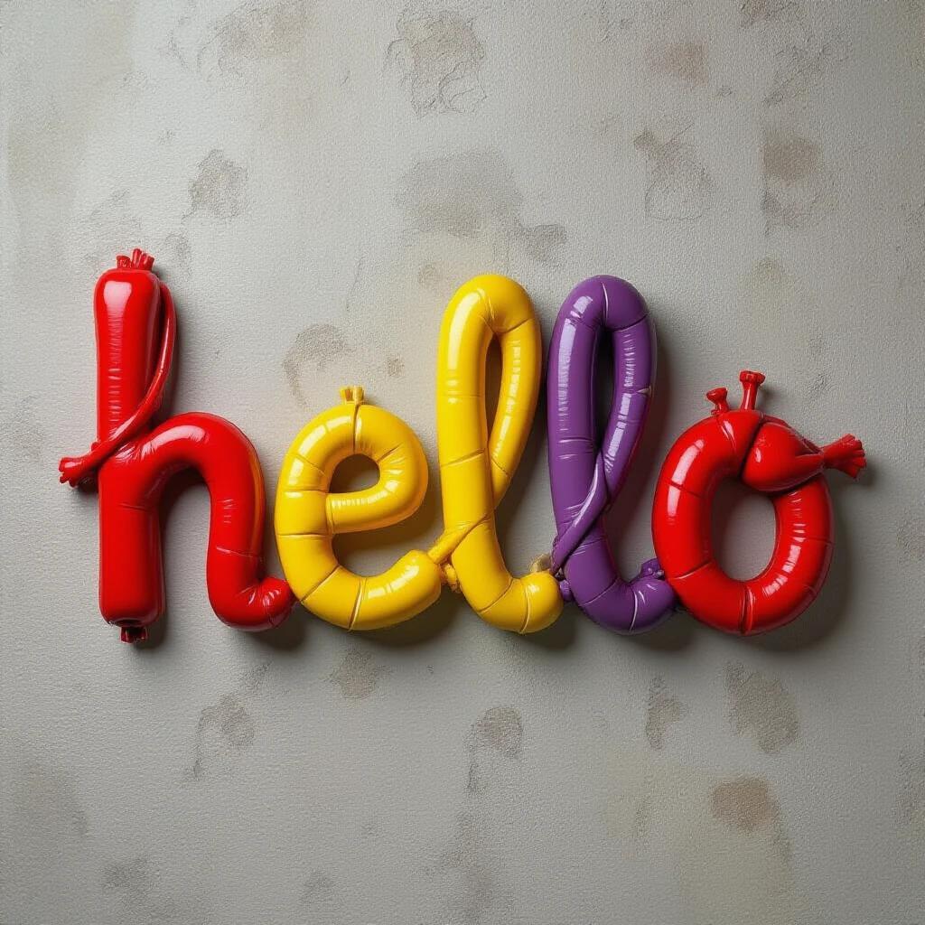 A wall displays the word hello made from colorful balloon letters. Colors include red yellow and purple. Background is soft and neutral. Letters are inflated and playful.