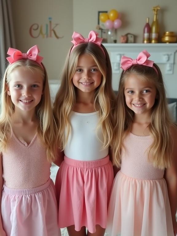 Three girls at a birthday party. They wear pink bows and skirts. They are smiling. The setting is a living room decorated for a party.
