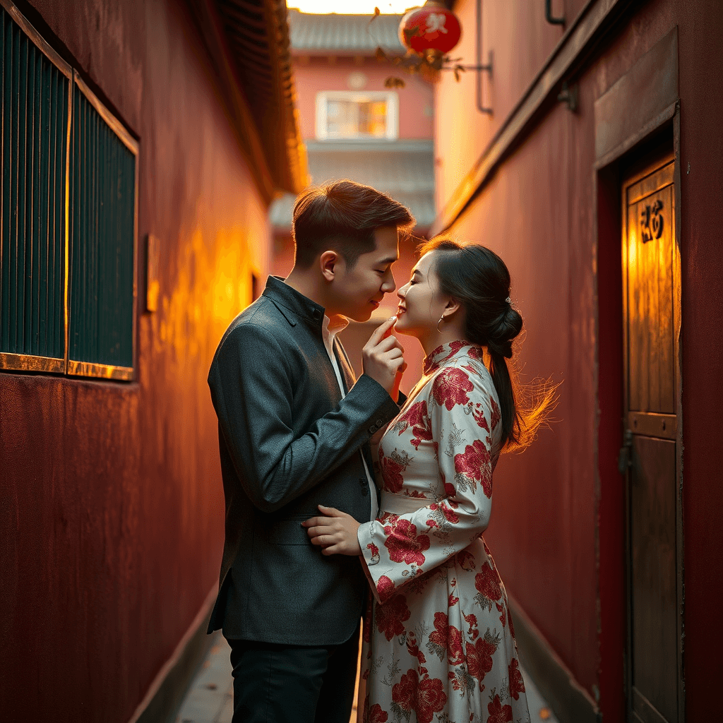 A couple in a narrow alley embraces tenderly against the backdrop of warm, ambient evening light.