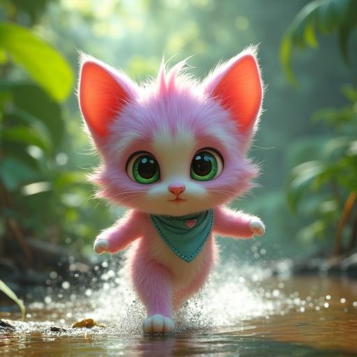 Fluffy anthropomorphic kitten with pastel pink fur and creamy white belly. Features large green eyes and oversized head. Wears a blue bandana with a heart. Kitten shows cunning and urgency while sprinting in a jungle river. A massive serpent chases from behind, causing chaos in the jungle.