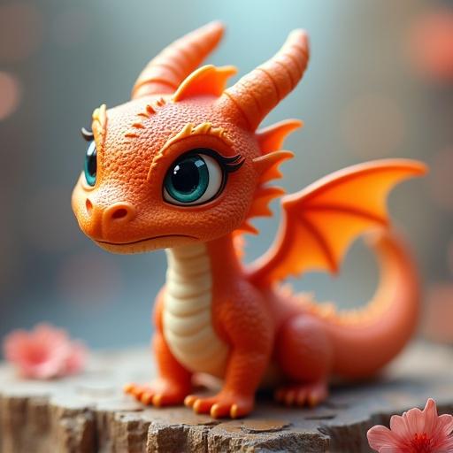 A cute orange dragon with big blue eyes. The dragon has small horns and beautiful wings. It sits on a wooden surface surrounded by soft flowers. The background is softly blurred with a warm glow. The dragon appears playful and friendly.