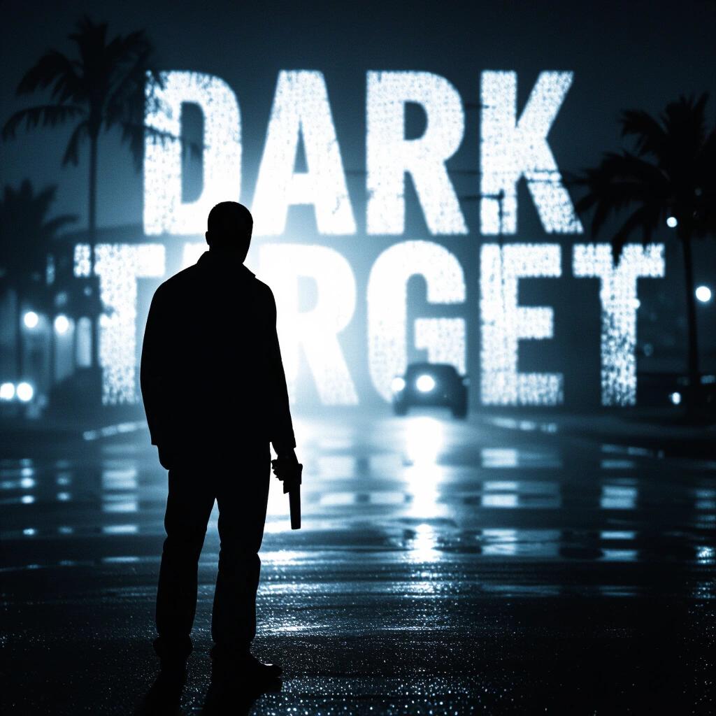 Dark raw photo featuring very dark silhouette. Theme inspired by Dexter. Set at night in Miami with prominent text saying Dark Target.