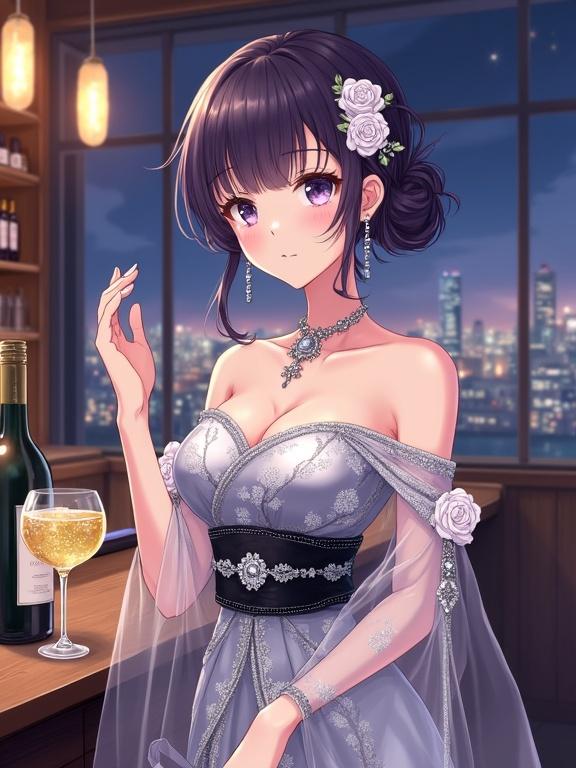 Anime-style illustration of a beautiful lady with dark violet hair in a side bun. She has soft dark violet eyes and a gentle expression. Wearing a luxurious silver dress with white floral patterns and flowing sleeves. Accented with black floral sash and silver jewelry. At a polished bar counter with a drink and wine bottle. Background shows a night cityscape with glowing lights.