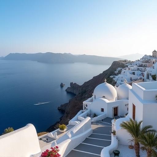 Beautiful Santorini scene showcasing iconic white buildings. Aerial view over the coastline. Clear blue sea and sky. Picturesque architecture with earthy tones.