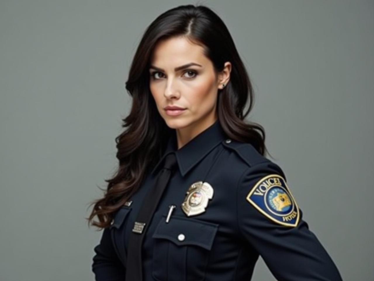 A female police officer stands in front of a neutral background. She has long, dark hair and wears a police uniform with insignia visible. The uniform is neatly fitted and emphasizes her professional demeanor. She has a serious expression, indicating authority and confidence. The lighting is soft, highlighting her facial features and the details of her uniform. The background is simple and non-distracting, keeping the focus on her.