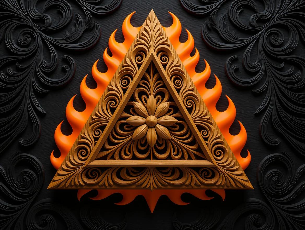 Intricate carved wood forming a triangle. Dark flaming background surrounds the triangle. Highly detailed with tribal patterns. 3D art style created with octane render. Inspired by Brian Jungen and Ellen Jewett.