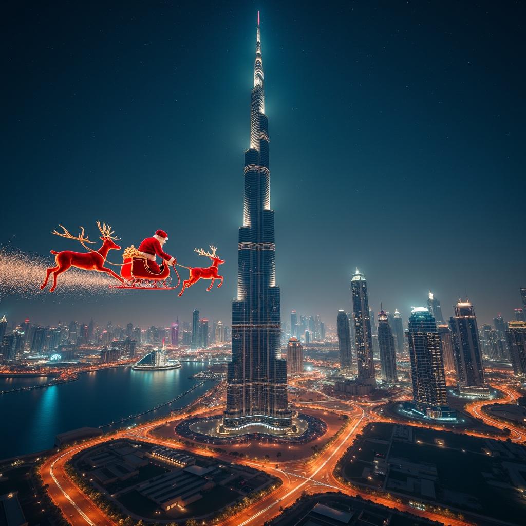 Cinematic aerial image of Santa Claus flying past the Burj Khalifa in Dubai. Sleigh pulled by nine reindeer. Drawing a horizontal eight in the air leaving a sparkly trail.