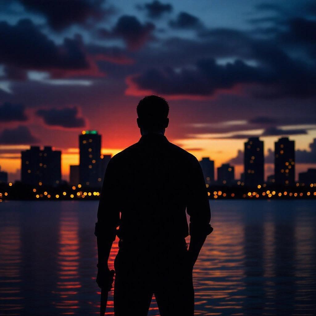 A dark Miami cityscape at sunset featuring a silhouetted figure. The skyline is in the background. The figure has a mysterious presence evoking a crime thriller mood.