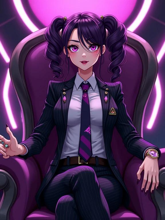 A woman with amethyst purple eyes sits confidently on a colorful throne. She wears a pinstriped manager's suit with a tie and displays a beautiful face. Her oversized amethyst purple curly pigtails accentuate her striking appearance. The background features a vibrant neon style. She is surrounded by high-tech elements, reflecting a powerful aura. Jewelry adorns her, highlighting the neo-futuristic theme. Her pose exudes elegance and authority with a slight evil grin. The setting suggests a throne room of a high society building, filled with galactic motifs.