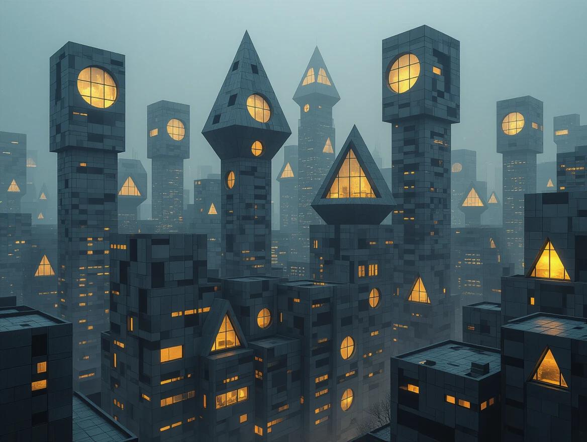 Futuristic city with buildings resembling geometrical shapes. Buildings made of cardboard and wood patterns. Nighttime scene with glowing windows. Atmospheric haze and shadows depict a dystopian world. Hyper realistic imagery with an eerie feeling.