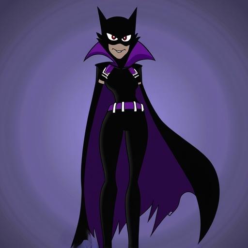 Raven character from Teen Titans stands confidently in her iconic costume with a purple and black theme. She has a mischievous expression and a dramatic pose showcasing her villainous traits.
