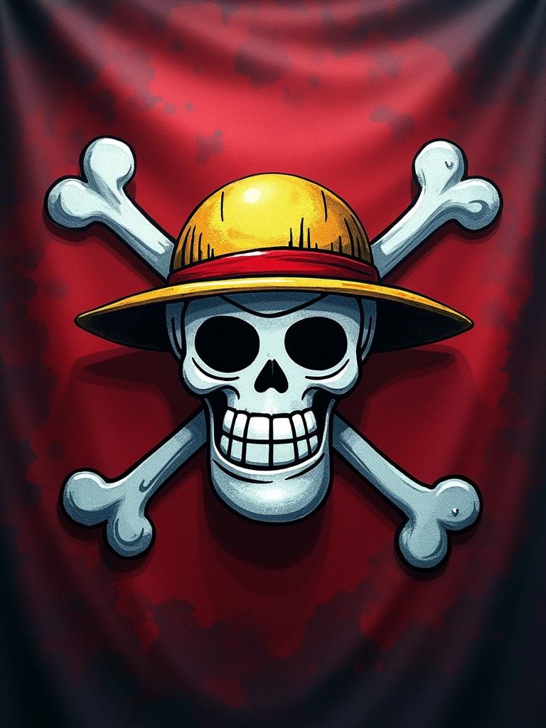 A pirate flag inspired by the one piece series features a central skull design adorned with a straw hat. Crossbones are visible on either side. A shadow aura surrounds the outer edges of the design, giving a striking visual impact.