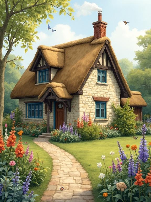 A quaint English cottage in a lush garden filled with blooming flowers and flying butterflies. The cottage is made of stone and thatch with a chimney releasing smoke. The scene captures charm and tranquility blending realism and fantasy with a soft pastel and warm earth tone palette, highlighted by colorful details.