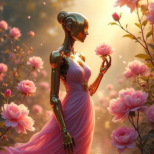 Emotionally expressive android woman stands in sun-drenched garden of surreal blossoms. Dual-layered skin flows with molten glass-like pinks and golds. Glowing subdermal lattice of sacred geometry beneath. Impressionist brushstrokes define graceful form. One hand touching chest; the other outstretched to flower. Baroque chiaroscuro highlights silhouette and faceless golden visor. Sunset hues interplay with volumetric haze. Inner circuitry pulses softly like mechanical soul. Classical blooms and shimmering pool reflections.
