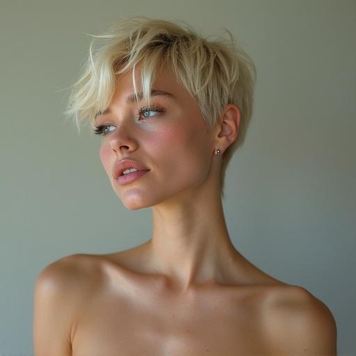 Close-up portrait of a model with a pixie haircut. The model has light skin and facial features prominently displayed. Emphasis on beauty and hairstyle.