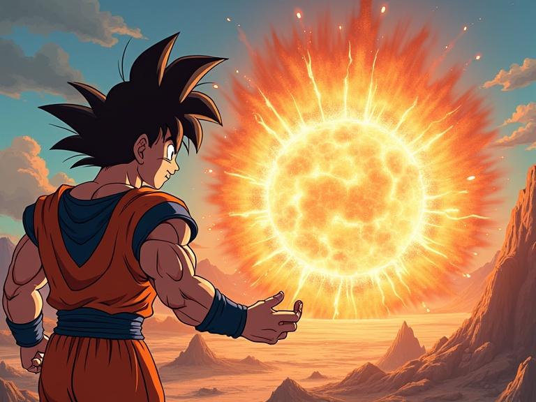 Character Goku standing with a powerful sun in the background. Goku is facing towards the sun, embodying strength and power.