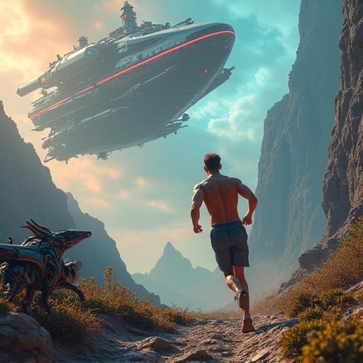 A full-body shot of a muscular, shirtless male runner mid-stride in an alien landscape. He runs through a blend of medieval architecture and sci-fi technology. Overhead are colossal spaceships resembling ornate galleons. Colossal mechanical dragons soar through the sky. Cyborg fauna and bioluminescent plants cover the ground. The scene is lit with twilight hues and sci-fi glows. Hyperdetailed and vibrant colors.