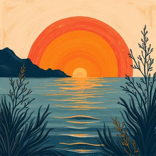 Abstract art featuring a stylized sea and plants. A burnt orange sunset is the focal point. Calm water reflects the sunset hues. This design is ideal for boho home decor.