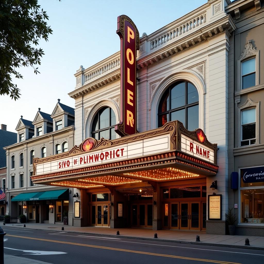 Marquee of a theater building in two-point perspective. Architectural details visible. Soft evening light highlights the illuminated marquee. Street view captures the bustling urban environment.