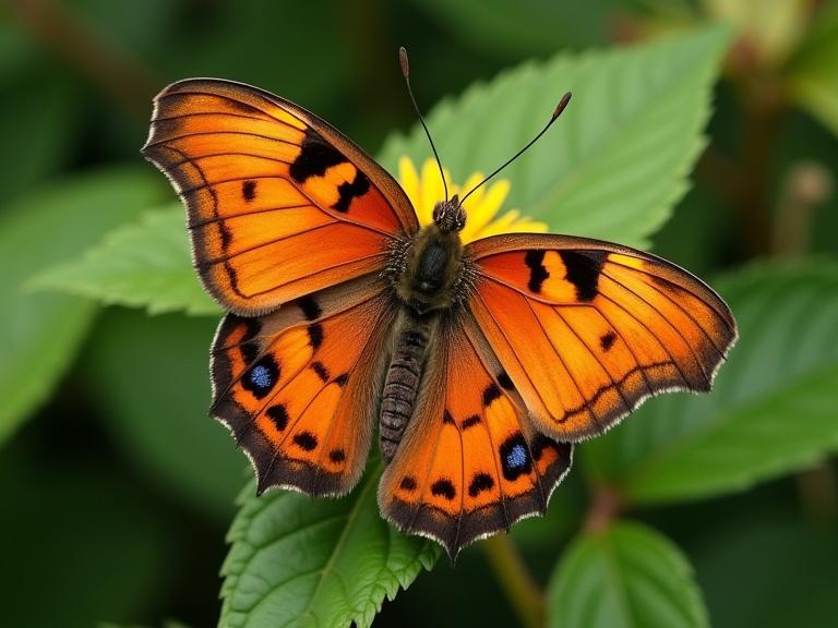 A colorful butterfly perched on a vibrant flower. The butterfly showcases orange and black patterns with details clearly visible. The surrounding green leaves enhance the natural setting.