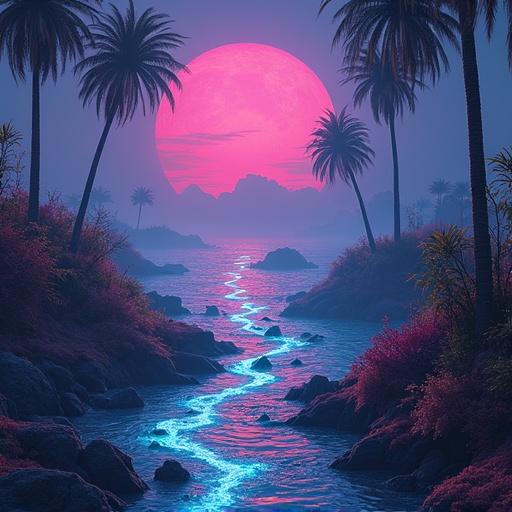 An edm album cover features a large pink sun setting over a tranquil river. Palm trees frame the scene. The atmosphere is dreamy and immersive.