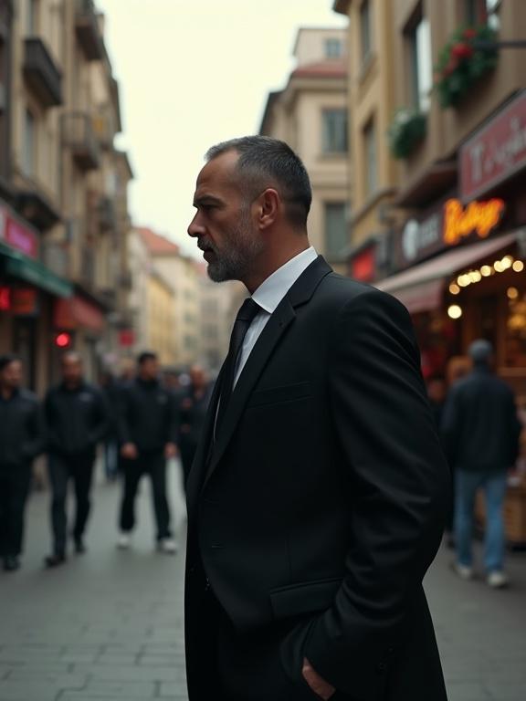 Low angle shot of a tan-skinned man in a black suit on a busy Turkish street, looking aggressively to the side. The scene shows vibrant street interactions on both sides with a focus on the man.