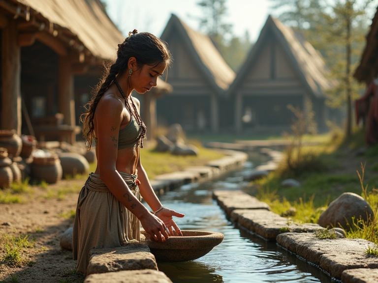 Scene depicts young woman by stone aqueduct in Bronze Age village. She washes clothes with ash soap. Freckles visible on textured skin. Tattoos symbolize rites of passage. Dressed in linen tunic with braided plant fibers. Surrounded by baskets and folded laundry. Background has wooden huts and tribal totems. Late spring morning lighting warms the scene. Image is highly detailed with focus on skin texture and textile weave.