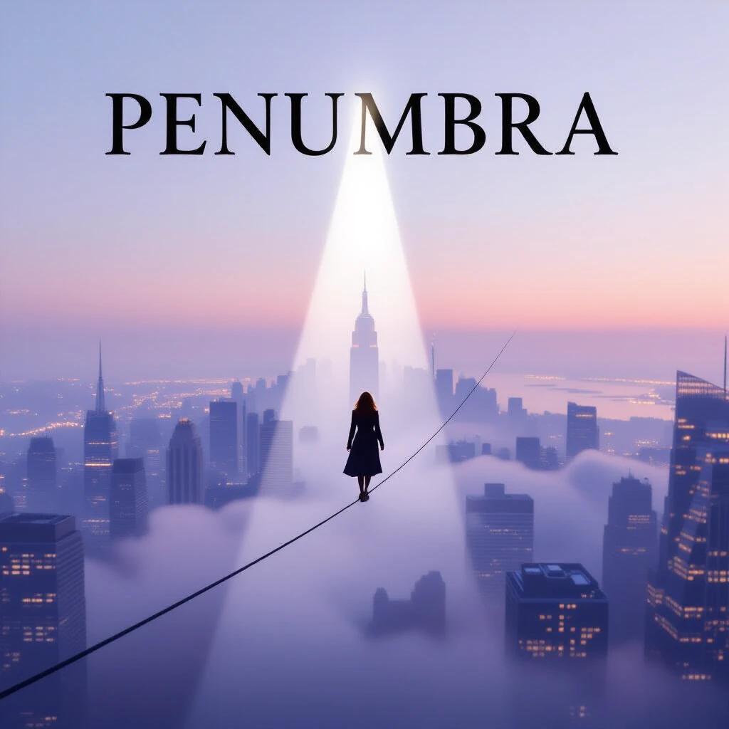 PENUMBRA movie poster with title in Ultrathin condensed serif black on pale violet fog. A figure walks on a wire between skyscrapers at twilight. Side spotlight casts shadow across city. Dreamlike composition with soft gradients and haze.