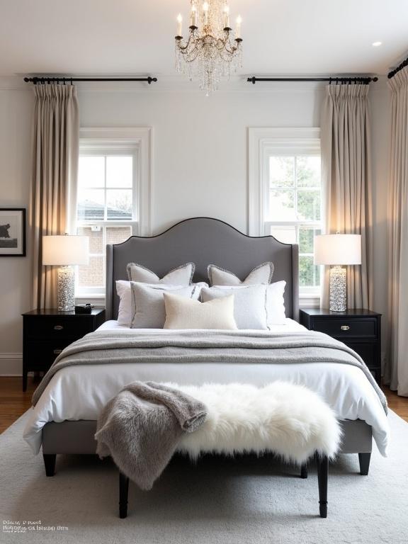 Photograph of a modern bedroom with gray upholstered headboard. White and gray bedding. Fluffy white faux fur pillows and blanket. Two black nightstands with white lamps. Crystal chandelier from ceiling. Beige curtains on windows. Framed picture on left wall. White and gray fur-covered bench at foot of bed. Hardwood floor with light gray carpet. Bright natural light. Cozy elegant atmosphere.