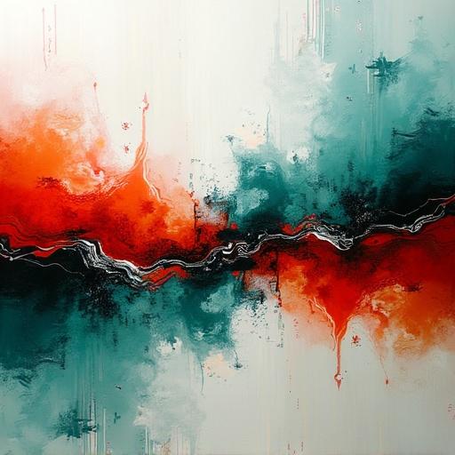 Abstract acrylic painting featuring vibrant colors like red, blue, green, and black. It showcases wave-like patterns in a horizontal layout. This piece is suitable for modern decoration and technology themes.