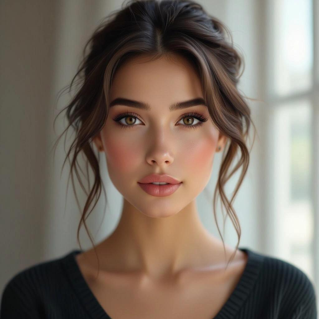Ultra-detailed portrait of an 18-year-old woman. Realistic features with a soft expression. Natural light enhances skin tones. Frontal view focusing on her facial beauty.
