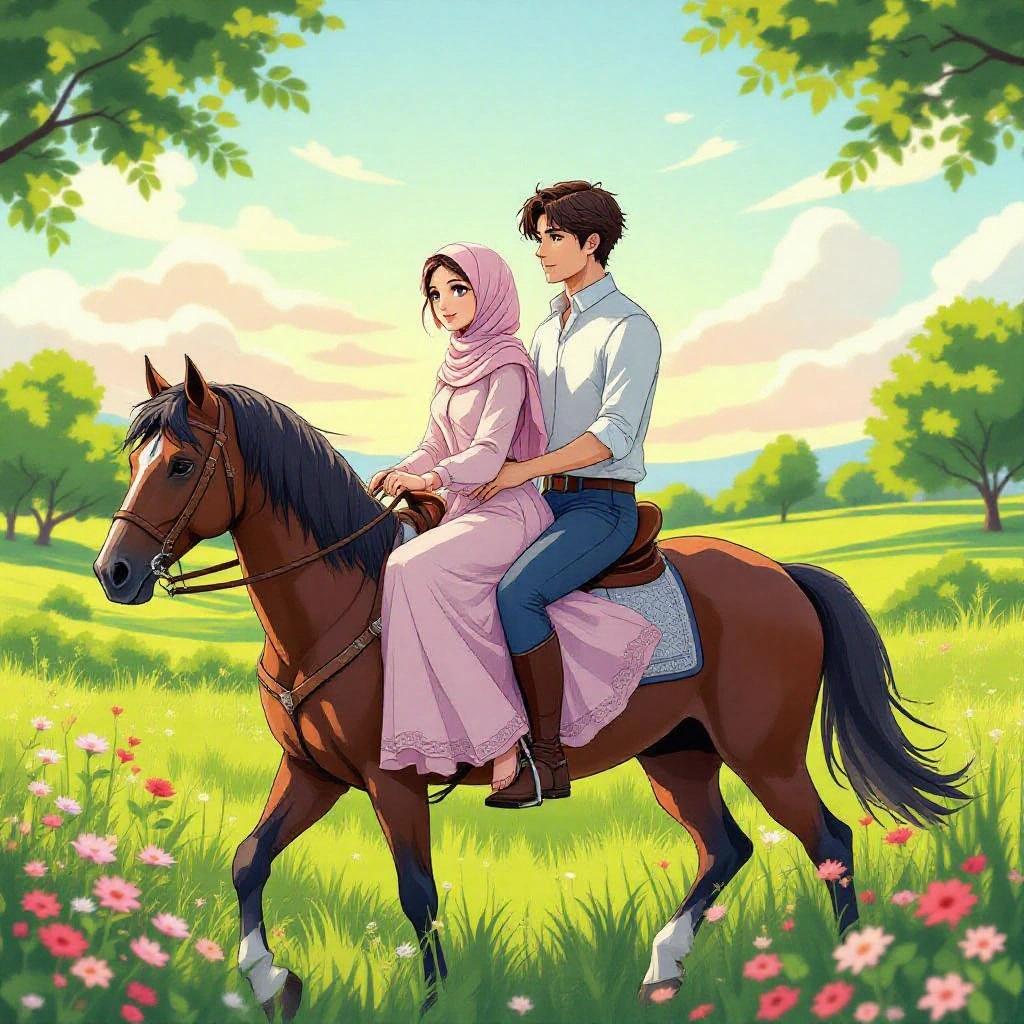 Anime-style illustration of a couple riding a horse. Woman in pink dress and hijab sits in front. Man in white shirt behind her. Both looking forward. Lush green landscape in the background with flowers and sunset light.