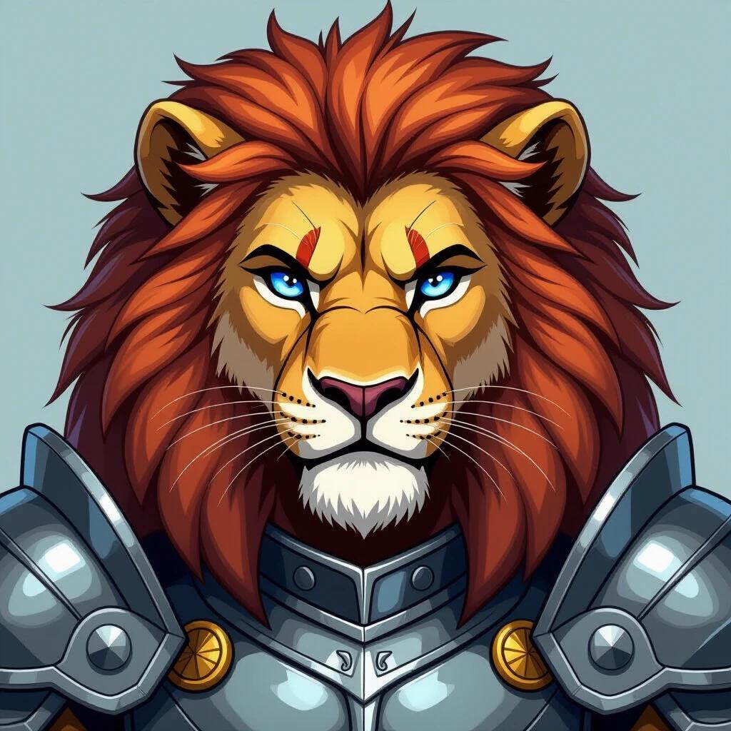High-quality portrait of a lion-man wearing shining armor features blue eyes. Artistic style follows comic book with distinct sharp lines. The lion's mane is vibrant and detailed.