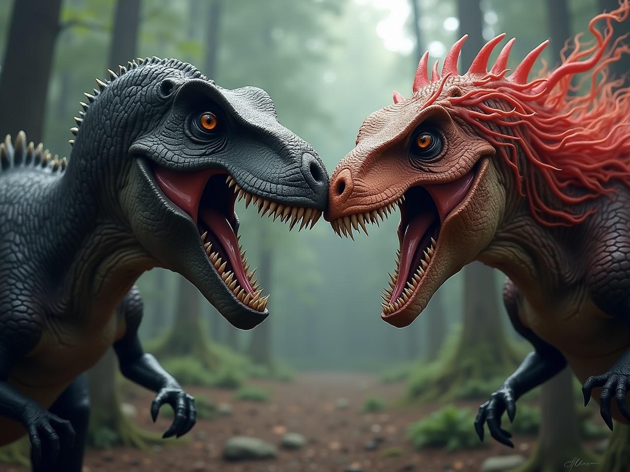 Create an image featuring two dinosaurs facing each other, both exhibiting an angry expression. The first dinosaur should be a fierce-looking predator, while the second dinosaur should have a vibrant, striking appearance. The setting is a dense, misty forest that intensifies their fierce demeanor. Ensure both dinosaurs are portrayed at eye level, enhancing the drama of their confrontation. Use a color palette that highlights deep greens and earthy tones to complement their powerful presence. A soft, diffused light should illuminate their faces, accentuating the tension between the two.